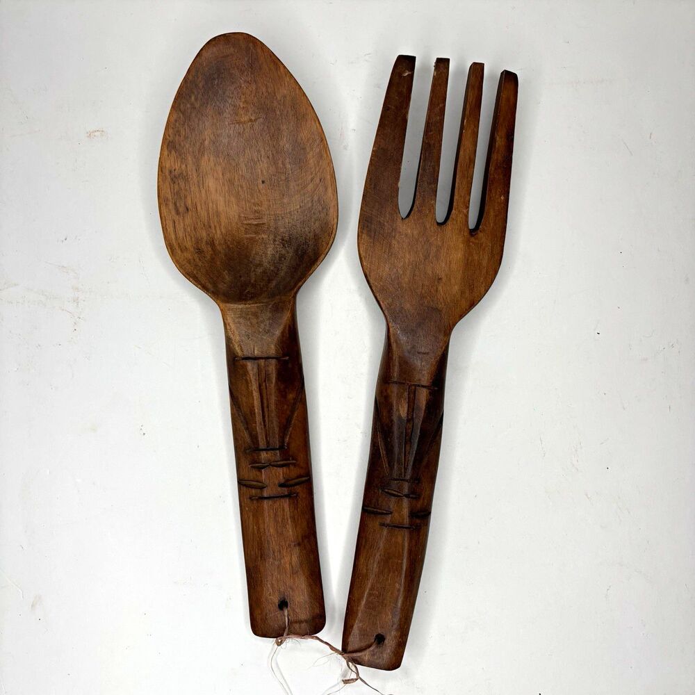 Vintage Made in Philippines 12” Carved Wood Salad Serving Spoon Fork Set MCM